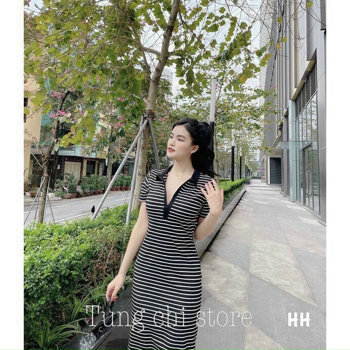 đầm cổ bẻ viền màu tay ngắn sọc ngang xinh tôn dáng chất gân mềm k