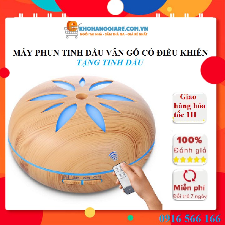 Máy xông tinh dầu phun sương cao cấp vân gỗ hình quả bí có điều khiển từ xa 500ml có đèn led - Tặng tinh dầu