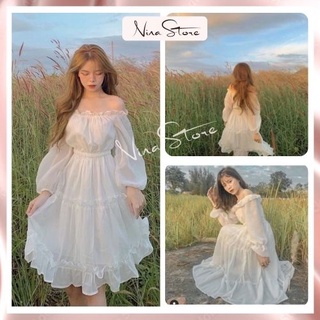 Váy babydoll nữ trễ vai xếp tầng ulzzang chất đũi mềm đầm trắng công chúa bánh bèo hottrend hàn quốc NinaStore