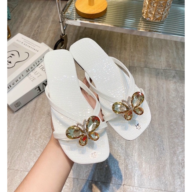 DÉP XỎ NGÓN PHỐI ĐÁ CHẤT DA SI BÓNG
