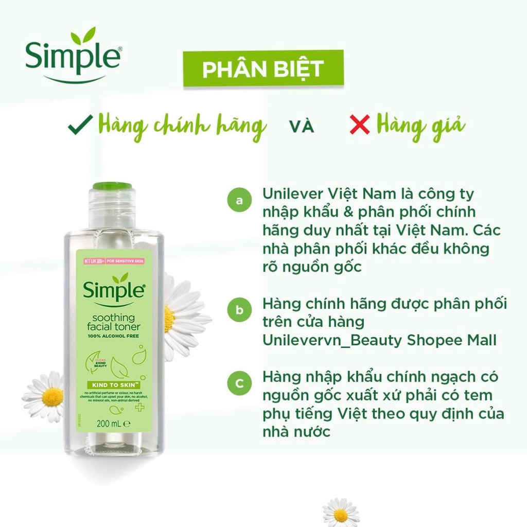 Nước hoa hồng Simple Toner làm dịu và cân bằng độ ẩm cho da - lành tính không chứa cồn 200ml