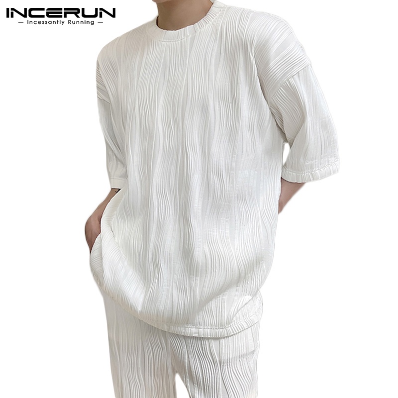 Áo thun INCERUN tay ngắn cổ tròn màu trơn phong cách đơn giản thường ngày dành cho nam