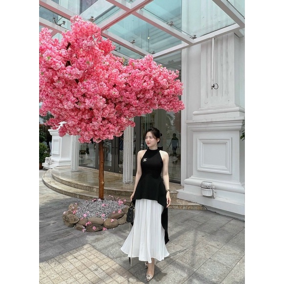 ( Ảnh thật ) 077 Set áo yếm peplum và chân váy xếp ly cạp chun
