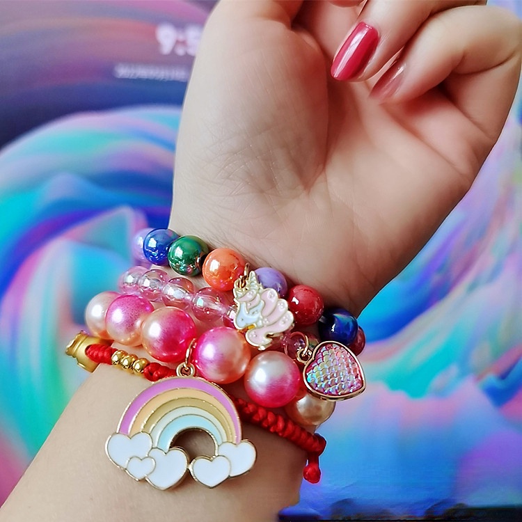 Vòng Tay Chuỗi Hạt Màu Sắc Cầu Vồng Dễ Thương Cho Bé Gái