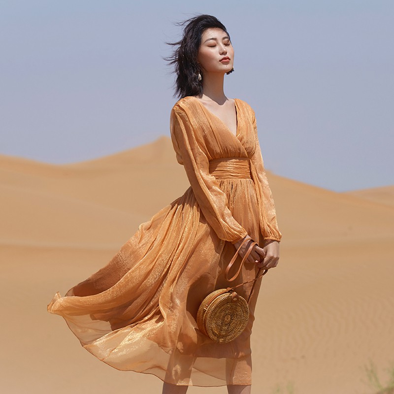 Váy boho trơn màu vàng óng
