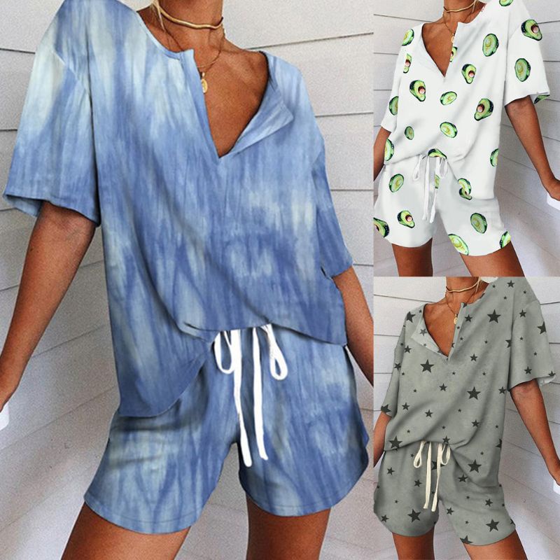 Bộ Đồ Ngủ 2 Món Ngắn Tay Cổ Chữ V Phối Dây Rút In Hình Trái Bơ Thời Trang Dành Cho Nữ