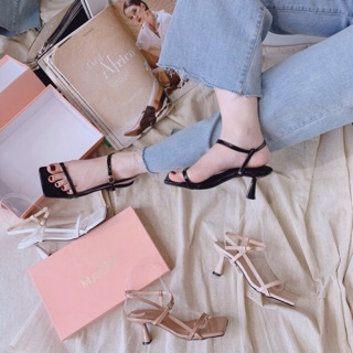 Sandal mũi vuông quai mảnh xéo eo 6p da bóng