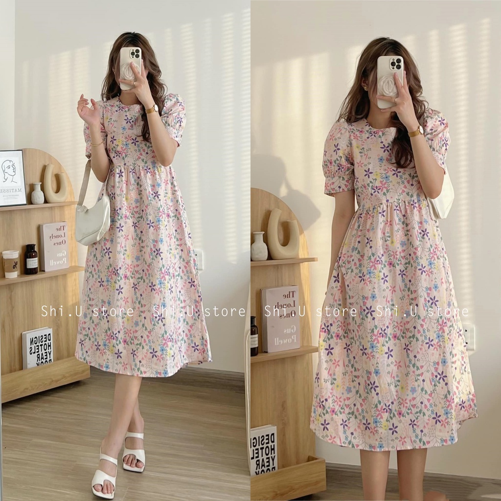 Váy hoa nhí babydoll dáng dài tay bồng có dây buộc eo ulzzang đầm hoa chất thô mát xinh xắn