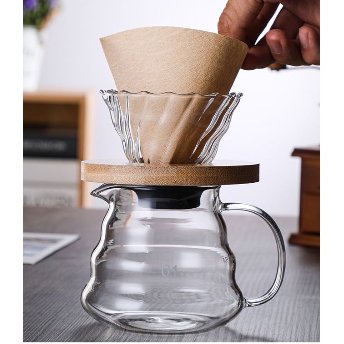 Phễu V60 thủy tinh đế gỗ pha cà phê Pour Over