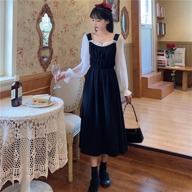 Ảnh thật váy nhung bánh bèo tay bồng cổ vuông dáng dài