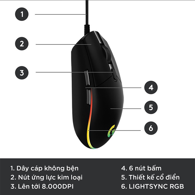 (CÓ SẴN) Chuột chơi game có dây G102 Led RGB 8.000DPI - Chuột Gaming G102