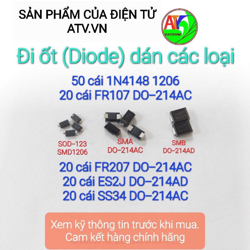 50 cái Diode dán 1n4148 1n4007 Fr107 Fr207 Es1j Es2j SS34 SS54 T4 M7 RM1S RM2S chính hãng xịn