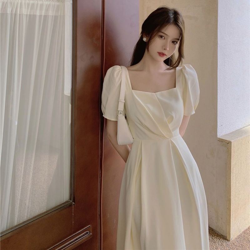 Đầm Trắng Tay Phồng Dáng Dài Kiểu Pháp Thiết Kế Đơn Giản Cho Nữ