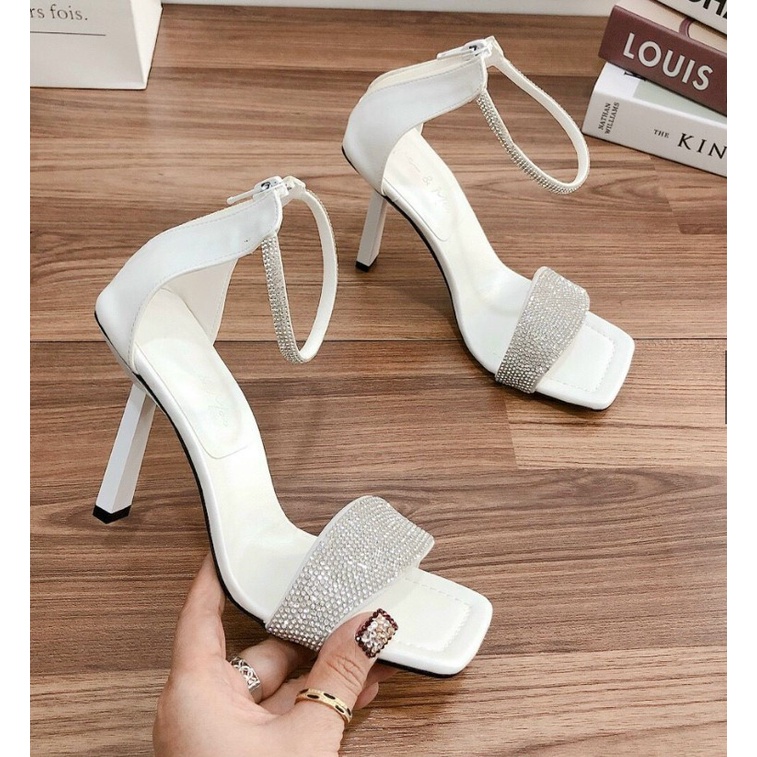 Sandal cao gót nhọn 9p bản quai ngang xoàn đá hàng chuẩn form chất da mềm đẹp