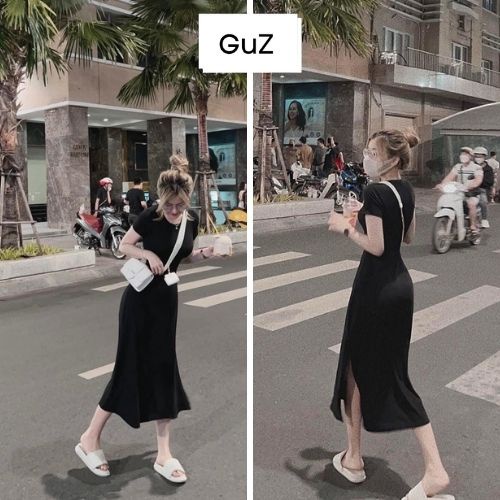 Váy cộc tay cổ tròn ôm body dáng dài co dãn thiết kế xẻ tà màu đen quyến rũ dành cho nữ GUZ