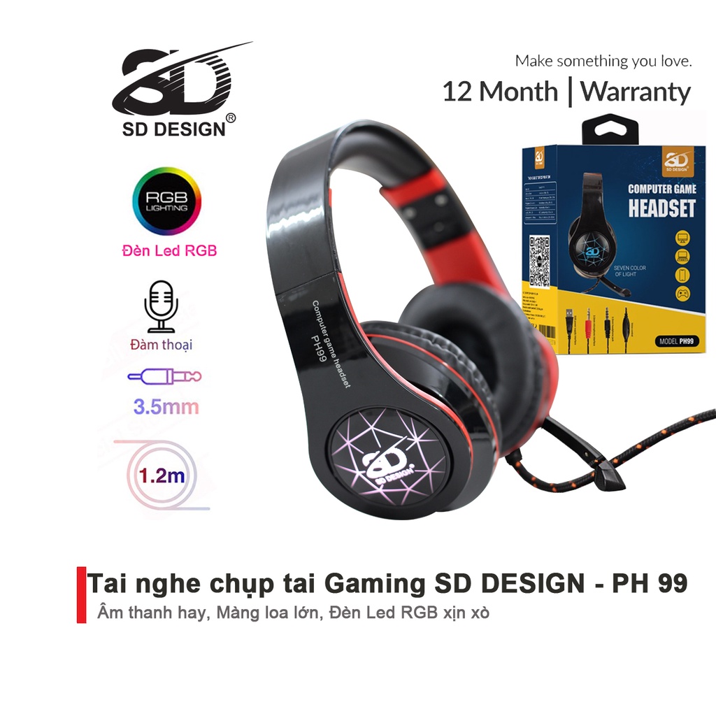 Tai nghe game thủ chụp tai chính hãng SD Design PH 99 có mic, đèn LED RGB cho máy tính, điện thoại chuyên gaming