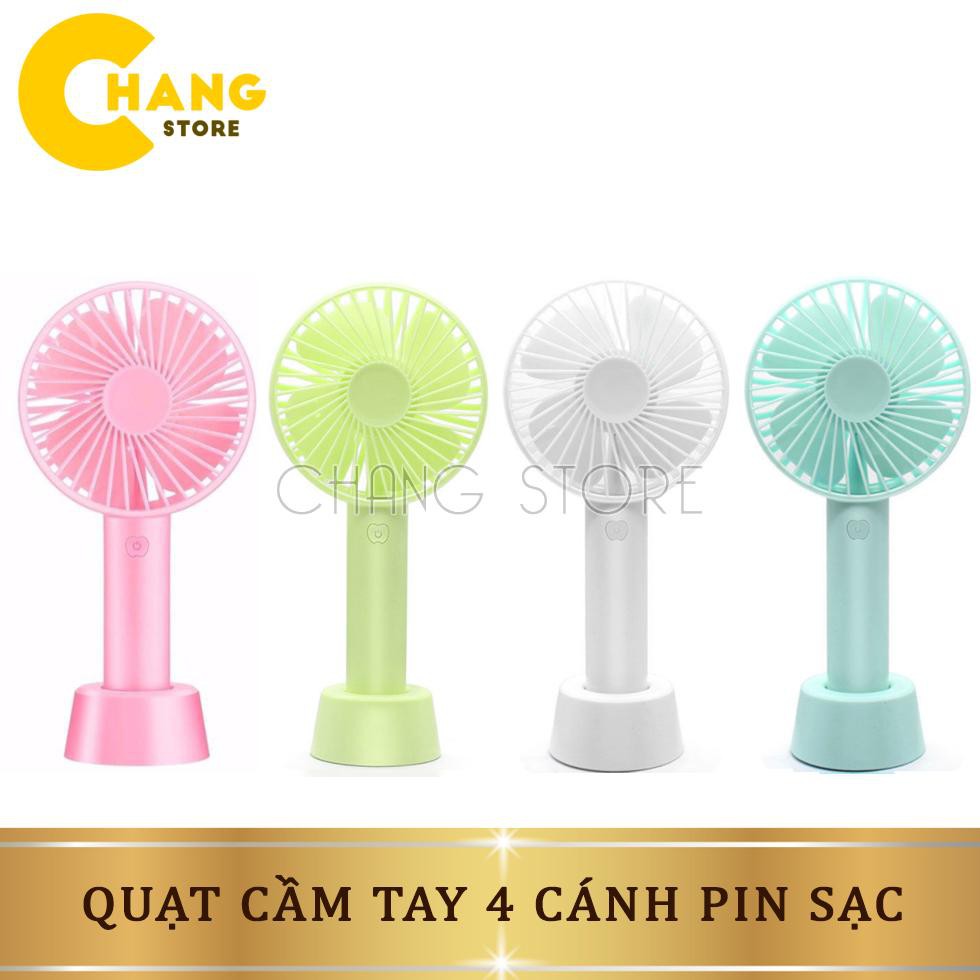 Quạt Cầm Tay Pin Sạc 4 Cánh 3 Tốc Độ Gió Có Đế Để Bàn, Quạt Để Bàn Pin Sạc USB Tiện Lợi