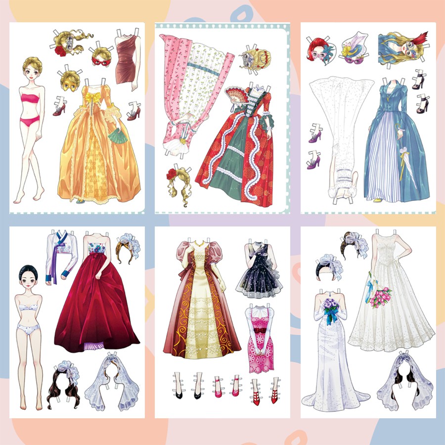 Combo 6 búp bê giấy (paper doll) thay đồ thời trang đồ chơi cắt thủ công cho bé 6 hình siêu đáng yêu BBG0014