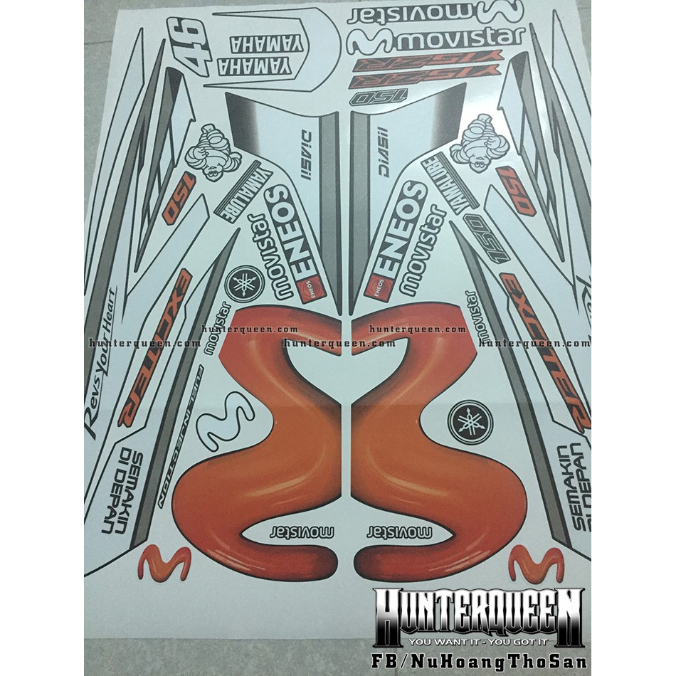 Tem Exciter 150. Tem rời Movistar Nhám, cam 3D. Dán xe đen. Xe màu khác vui lòng inbox