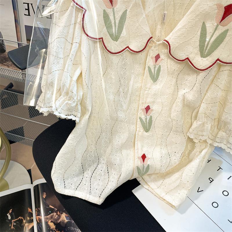 Áo Thun Tay Ngắn Cổ Búp Bê Phối Ren Hoa Tulip Dáng Rộng Kiểu Hồng Kông Cho Nữ m2-300