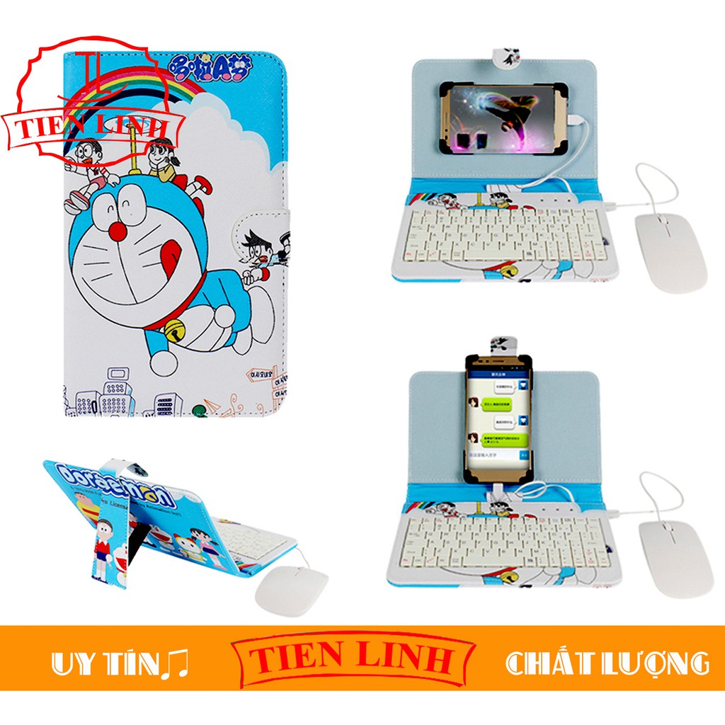 Shop Tiến Linh - Combo bao da bàn phím + Chuột + Lót chuột cho điện thoại, máy tính bảng từ 4 đến 7 inch hình DOREMON