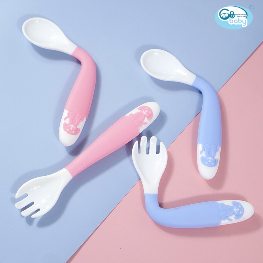 Bộ Thìa Dĩa Ăn Dặm Uốn Cong Gb-Baby cho bé tập xúc hình dễ thương
