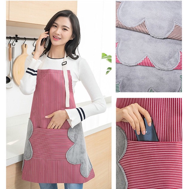 Tạp dề kẻ sọc chống thấm nước, túi có khăn lau tiện lợi kiểu dáng hiện đại (70 x 72) cm Store4girls