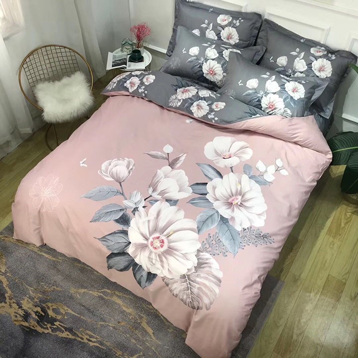 Bộ chăn ga gối , drap giường chất vải COTTON HQ họa tiết hoa nhài hồng