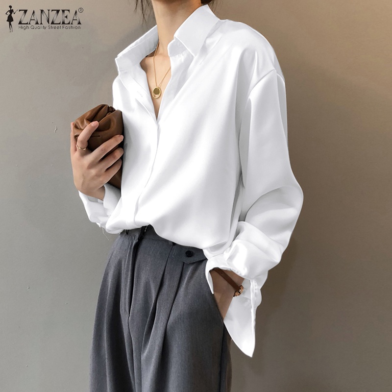 Áo ZANZEA cổ bẻ dài tay màu trơn phong cách Hàn Quốc đơn giản dễ phối đồ