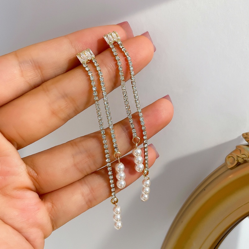 Bông Tai Mạ Bạc 925 Dáng Dài Đính Đá Phối Tua Rua Kiểu Hàn Quốc