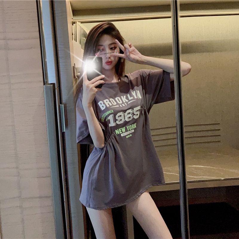 NRVP Áo Thun Nữ Dáng Dài Rộng Tay Ngắn Phong Cách Thời Trang Đường Phố Hàn Quốc