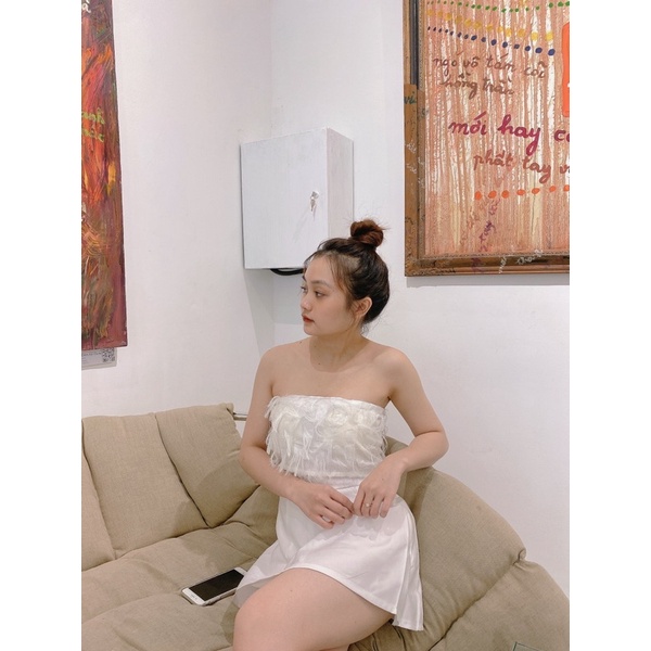 Set áo ống trắng lông vũ+chân váy trắng ( hình thật shop Thảo Nhỏ Store chụp)