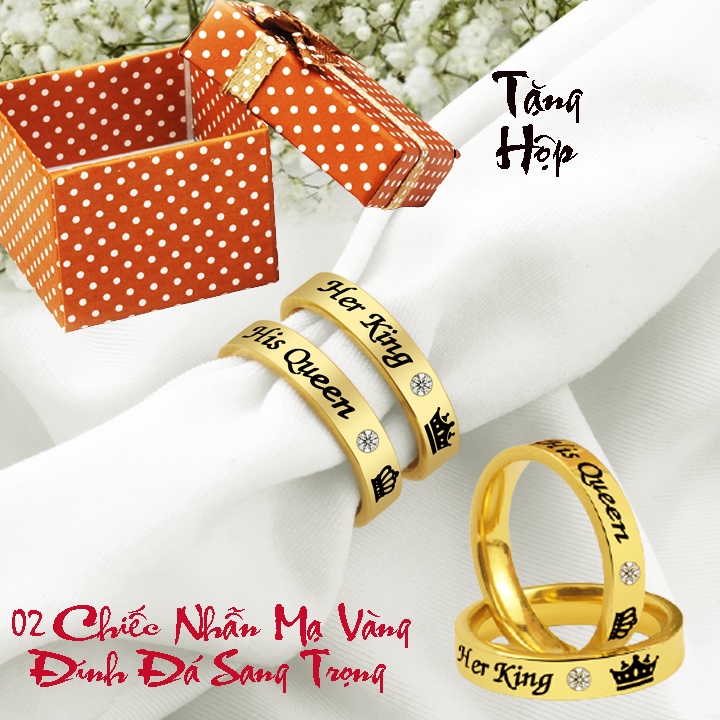 NHẪN CẶP ĐÔI INOX HER KING HIS QUEEN MẠ VÀNG NC072 siêu đẹp - tặng hộp đựng xinh xắn
