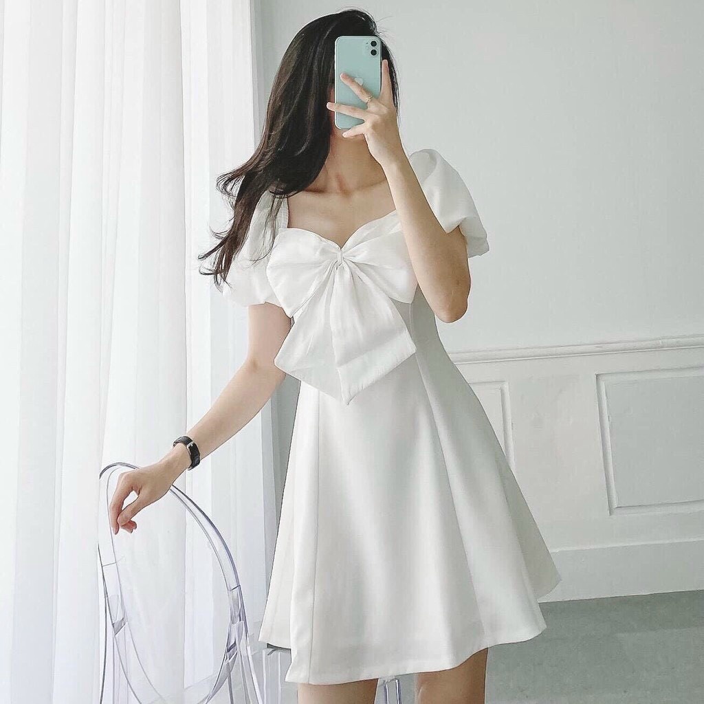 [New Sales 2024] Đầm váy trắng nơ ngực dạo phố xinh xắn