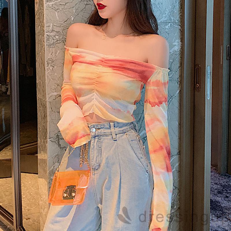 Áo Croptop Tay Dài Cổ Thuyền Màu Nhuộm Thời Trang Cho Nữ