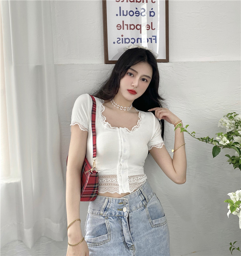 Áo Cardigan Ngắn Tay Phối Ren Chất Liệu Co Giãn Phong Cách Retro