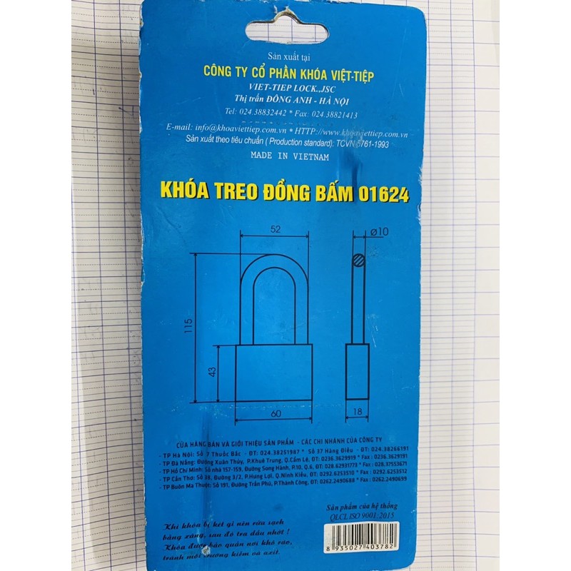 Khoá đồng bấm VIỆT TIỆP 6 PHÂN 01624 CÀNG KHÓA DÀI