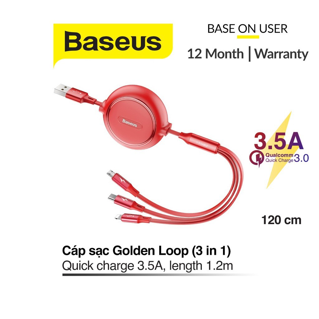 Cáp sạc dây rút Baseus Golden Loop 3 đầu Lightning/Type-C/Micro dây dẹt chống rối sạc nhanh 3.5A dài 1.2M cho Smartphone