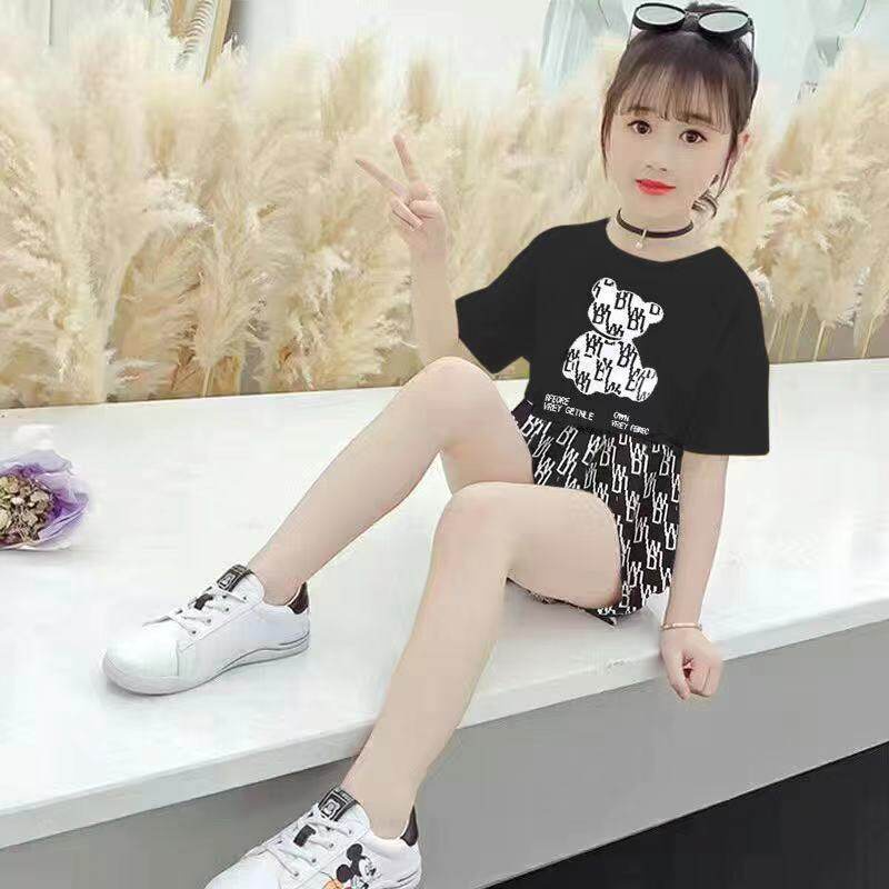 Set Áo Thun In Hình Gấu &amp; Quần Short Cho Bé Gái 5-12 Tuổi