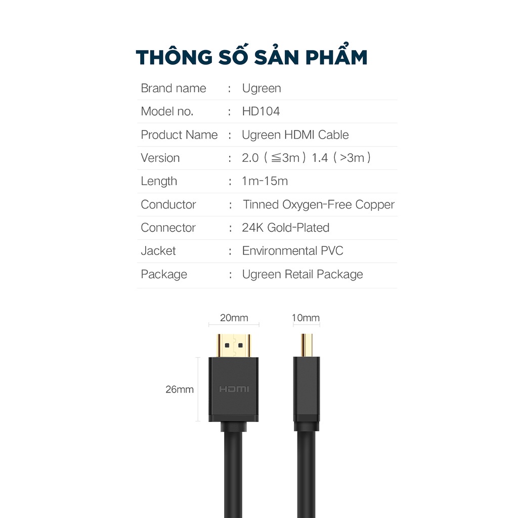 Dây HDMI 1.4 thuần đồng 19+1 Dài 1-5M UGREEN HD104 - Hàng phân phối chính hãng - Bảo hành 18 tháng