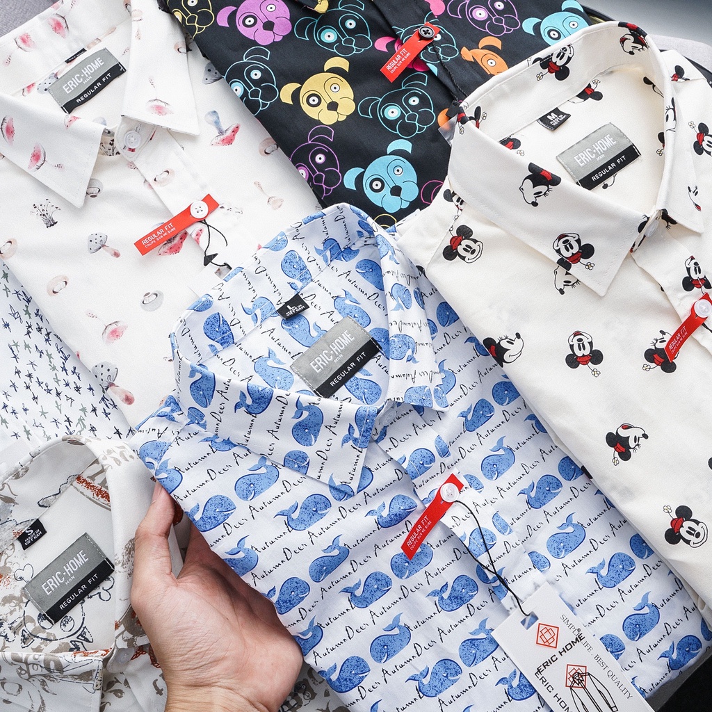 HÀNG VNXK -  - Áo Sơ Mi Tay Ngắn Hoạ Tiết Cá Voi Con Fral ERIC HOME nam bigsize  mã EH1