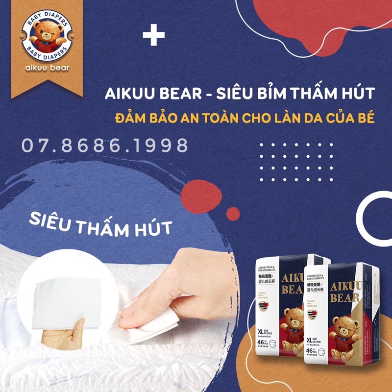 Bỉm Aikuubear Dán/Quần đủ Size - Siêu Mềm Mỏng, Thấm Hút