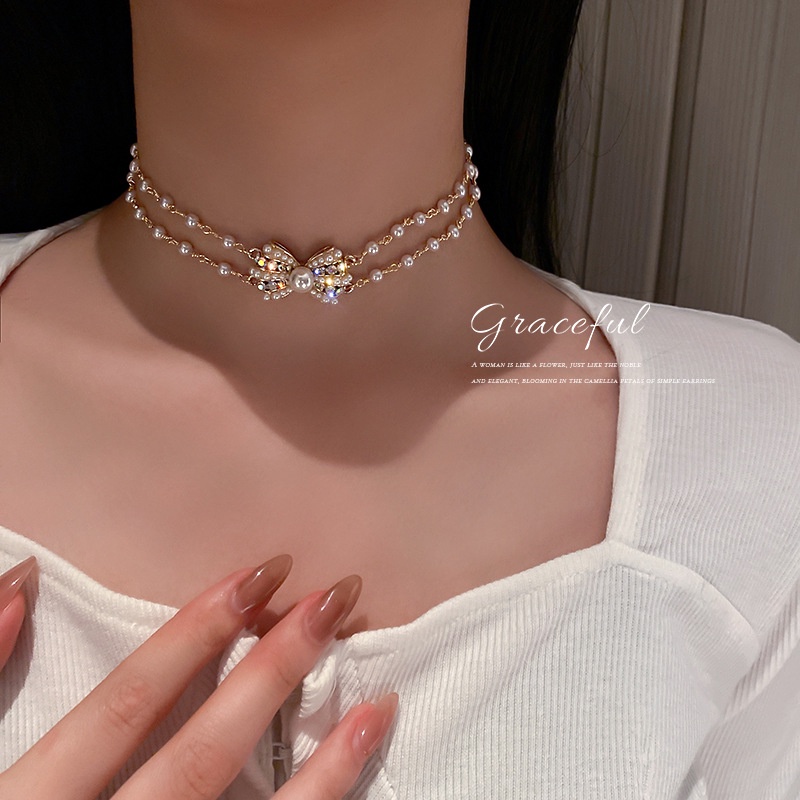 Vòng cổ Hai Lớp Thắt Nơ Đính Ngọc Trai Sang Trọng