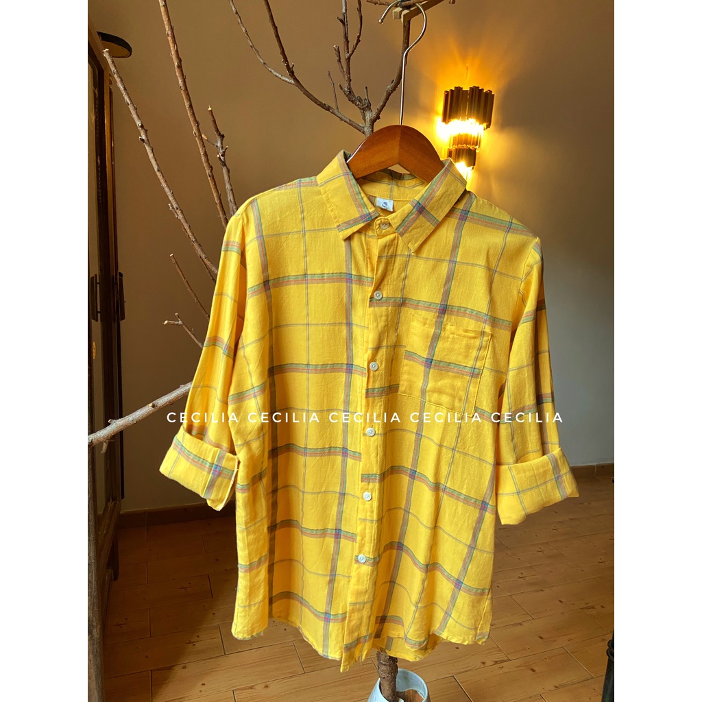 Áo sơ mi thô đũi mềm mát kẻ caro vàng CECILIA size S