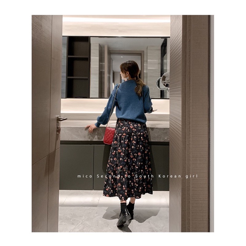 Chân Váy Dài Nữ Hoạ Tiết Hoa Hồng Xanh Đen Cạp Cao Chất Gân Tăm Ullzang | BigBuy360 - bigbuy360.vn