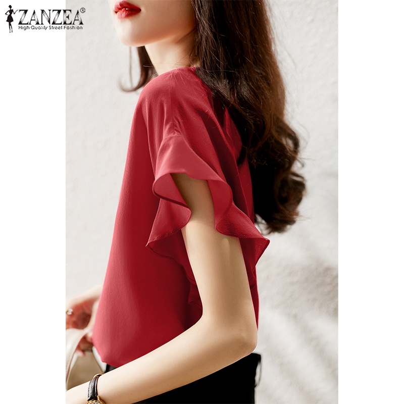 ZANZEA Áo Kiểu Tay Ngắn Cổ Tròn Màu Trơn Dáng Rộng Thời Trang Cho Nữ