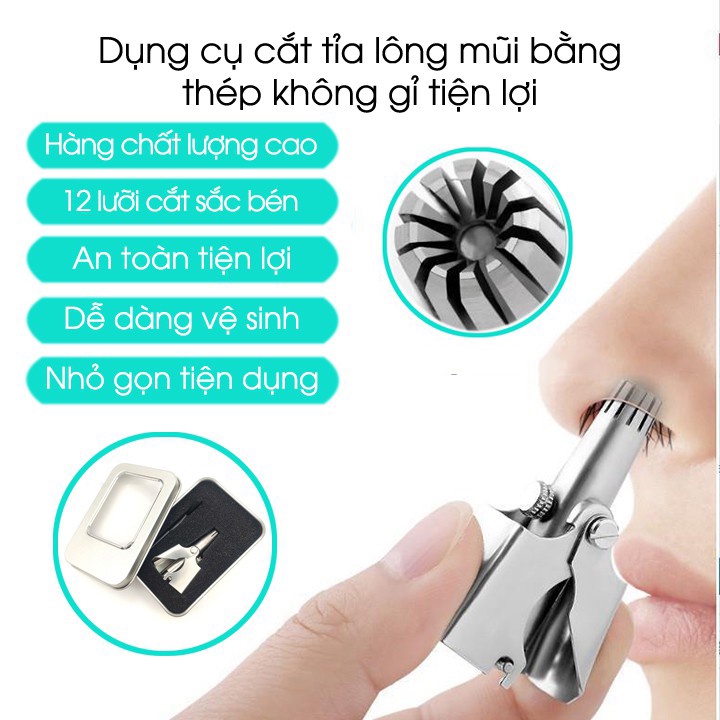 Dụng cụ cắt tỉa lông mũi bằng thép không gỉ lưỡi sắc bén hộp cao cấp, máy cắt lông mũi an toàn tiện lợi kèm cọ vệ sinh