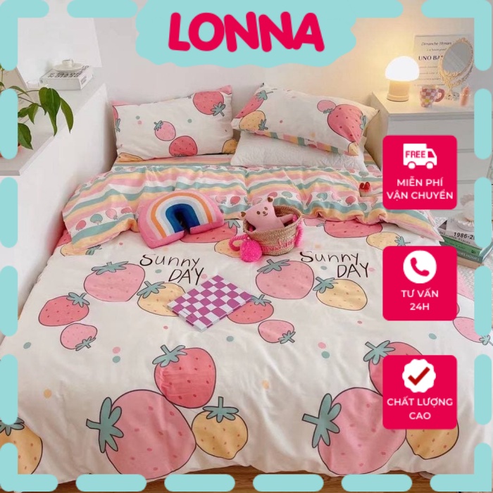 bộ chăn ga gối cotton living nhập khẩu lonaabedding họa tiết dâu tây sunny day ( full size)