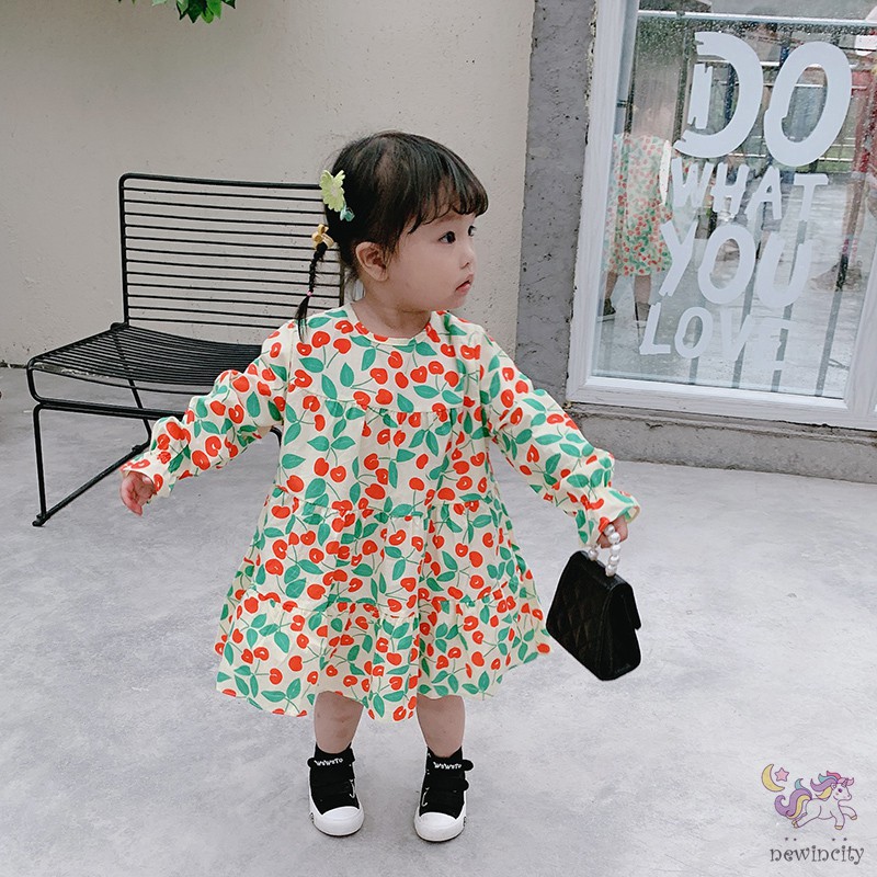 Đầm cotton dài tay in họa tiết quả anh đào đáng yêu dành cho bé gái