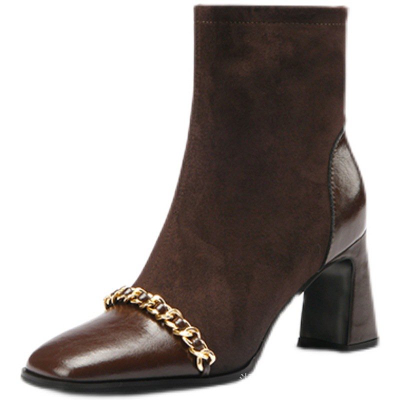 Giày Bốt Mỏng Cao Gót Mũi Vuông Màu Nâu Phong Cách Pháp Thời Trang Mùa Thu 2022 Mới